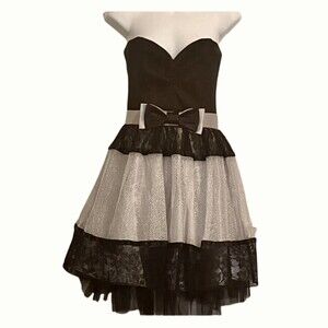 Gunne Sax Strapless Silver Black Lace Overlay Mini Dress Ethereal Fairy Core